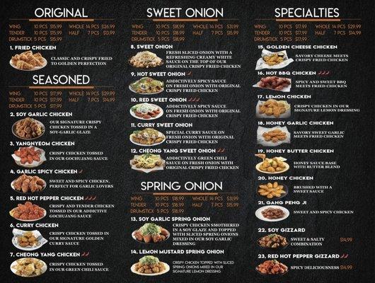 Korean fried chicken menu