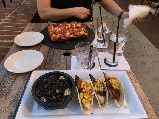 Fish tacos and Peperoni Detroit Square Pizza