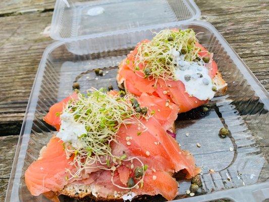 Salmon cream cheese toast. Large as one would expect for $13. Uniquely great.