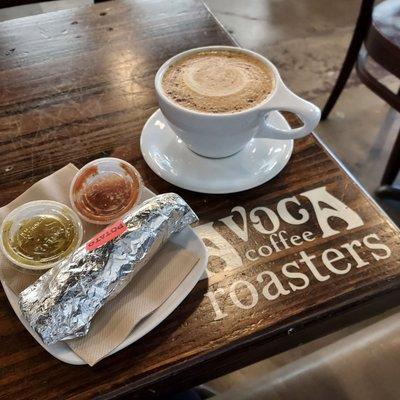 Bourbon butterscotch latte & a potato, cheese, egg taco from Pearl Snap Kolache