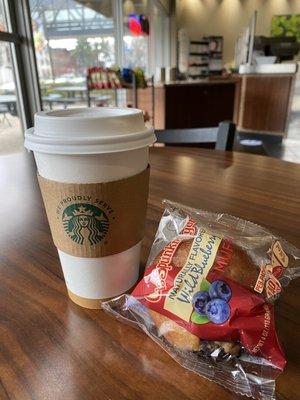 Starbucks Macchiato and an Otis  blueberry muffin