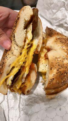 Bacon, Egg, & Cheese On an everything bagel with salt, pepper and ketchup.