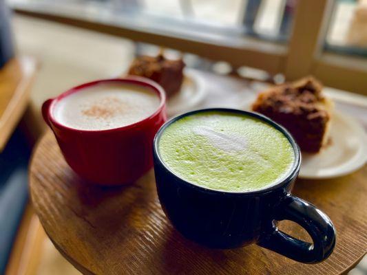 Matcha latte, chai latte, and coffee cakes