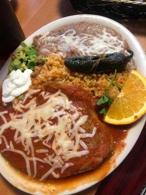 Chile relleno with beans and rice