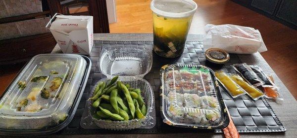 My usual take out order: broccoli in garlic sauce, edamame, miso soup, sweet potato roll, California Roll