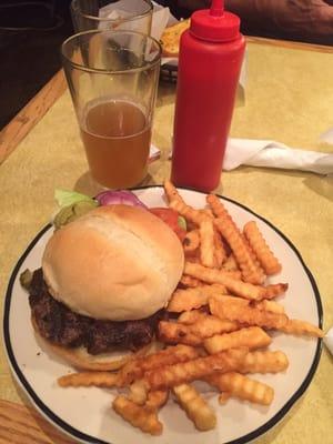 char burger and fries and a locally brewed beer. how many people can say they know exactly where their beef is from? good stuff