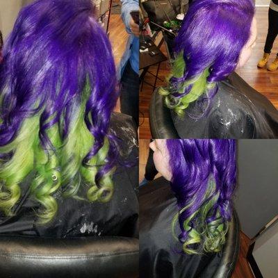 Kayla rocking her purple and neon green hair!