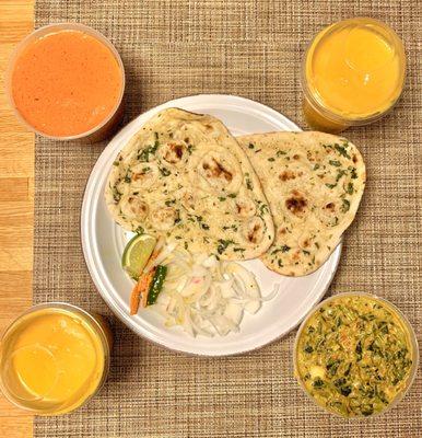 Mango Lassi, Paneer Tikka Masala, Saag Paneer, Garlic Naan