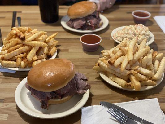 Beef sandwiches, fries and coleslaw