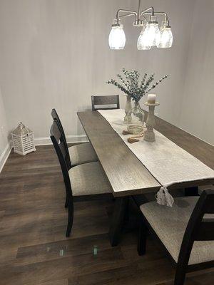 dining room table with chairs and bench