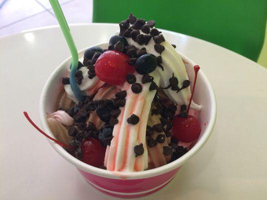 Strawberry, chocolate, and vanilla yogurts with dark chocolate chips, cherries, and blueberries