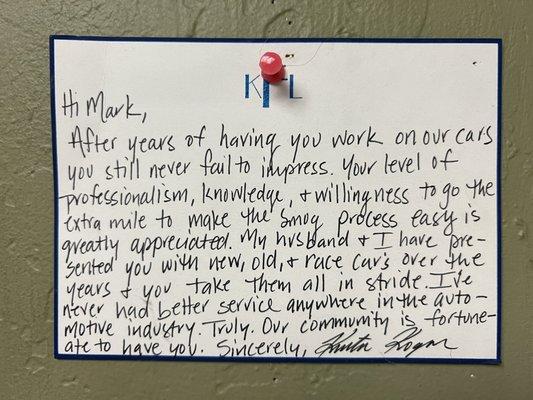 A hand written note on the wall someone  left for Mark. So cool, someone took the time to thank him!!!