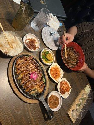 Eel, Rice, A Set of Daily Banchan, Jajang Myun, Soju Flight