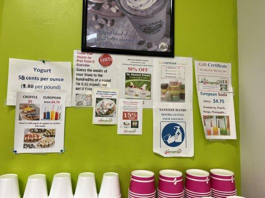 Yogurt cup station with community board next to it