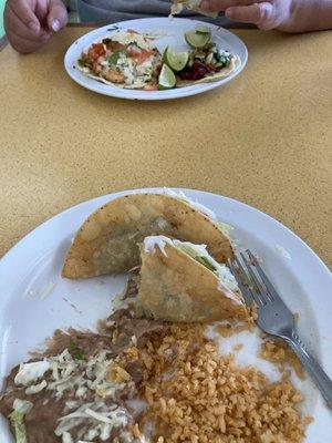 Shredded beef hard shell taco plate, tacos- chorizo, asada and shrimp. All delish!