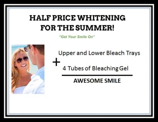 Half price whitening for the summer!  Call to schedule at 303-592-1133.