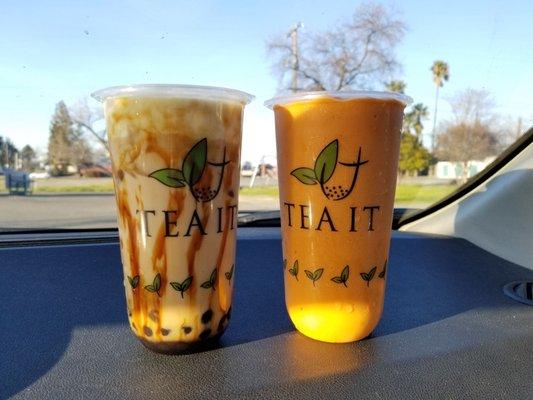 Got a signature milk tea with boba and cheese cream on the left. And a Thai smoothie with no adjustment or boba.