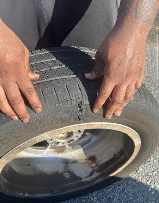 Dry rotting tire .. The hole that was found in the tire due to the tire being dry rotted