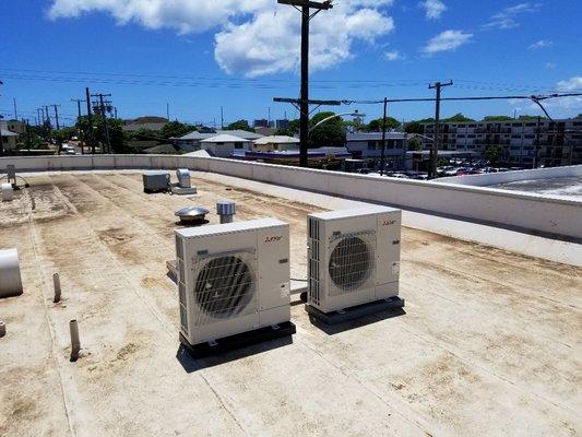 Commercial Mitsubishi install. 24,000 BTU each. Factory coated to endure nature's direct effects.