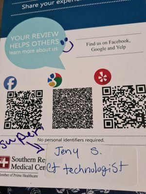 On 4.7.2024. Jeny S. Was very kind and professional and took very good care of me. Thank you Southern Regional. Tlyn Alexander