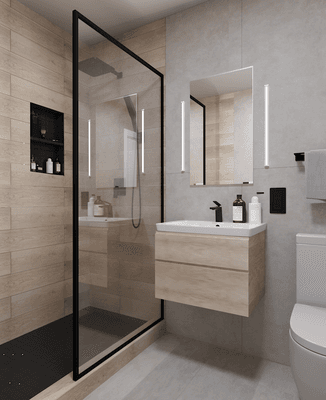 Bathroom design concept featuring a walk-in shower with  glass panel and floating vanity. Completed by Modern Citi Group