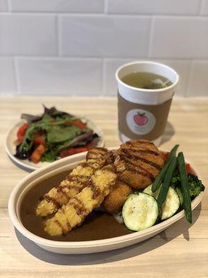 Vegetable curry with fried shrimp, creamy crab croquette, and potato croquette