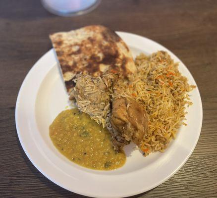 Chicken Biryani Tandoori Leg & Dal 8 oz & plain naan