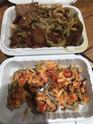 Pork yaki udon noodles and dynamite roll