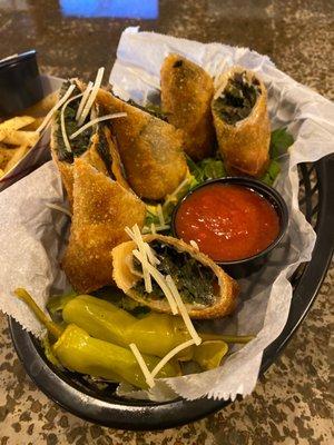 Veggie egg rolls, spinach mushroom and garlic.