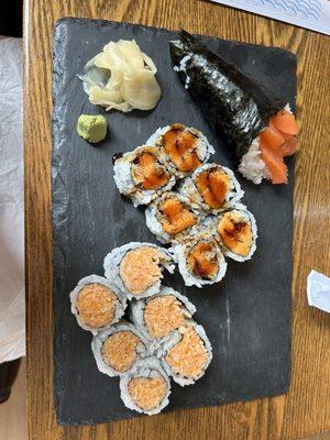 Salmon hand roll, sweet potato roll, crab crunch