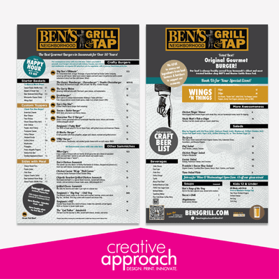 New menu design for Ben's Neighborhood Grill & Tap.