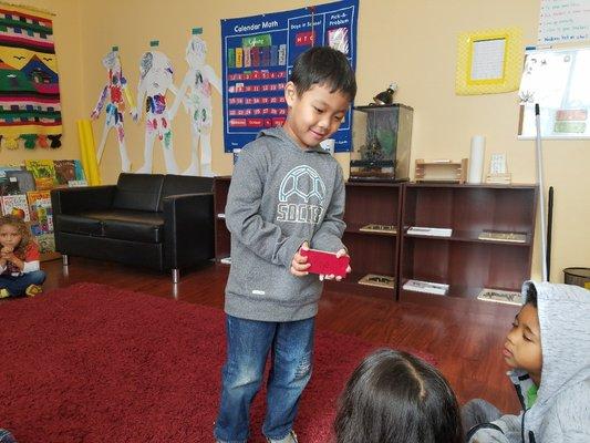 Each day student lead the morning circle in TK/K, first in English then in Spanish.