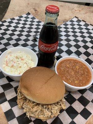 BBQ sandwich, Slaw, Brunswick Stew and classic glass bottle Coke!