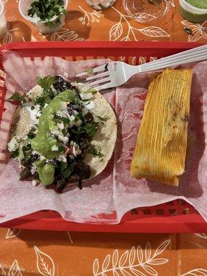 Steak taco and pork tamale