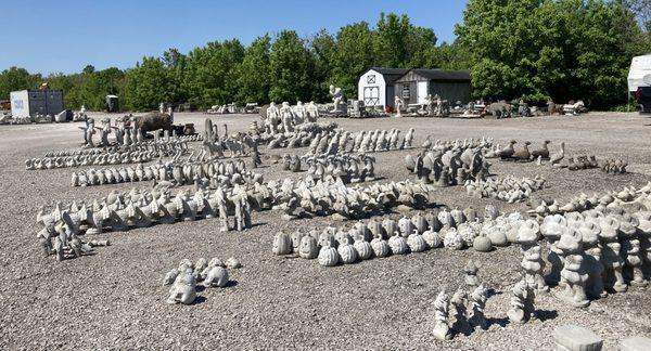 Huge variety of solid concrete decor. Animals and seasonal: Halloween, Thanksgiving, fox, ducks, swans, dogs, owls, birds, even Disney.