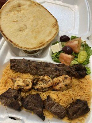 Mixed plate - kefta, chicken breast, steak, rice, salad, soft pita bread