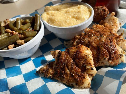 Grouper platter, cheese grits, green beans and hush puppies.