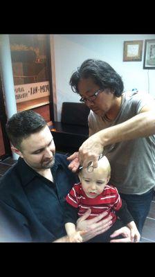 Gavins 1st cut with Tam at Hairloft in Dallas. Super patient with little ones.