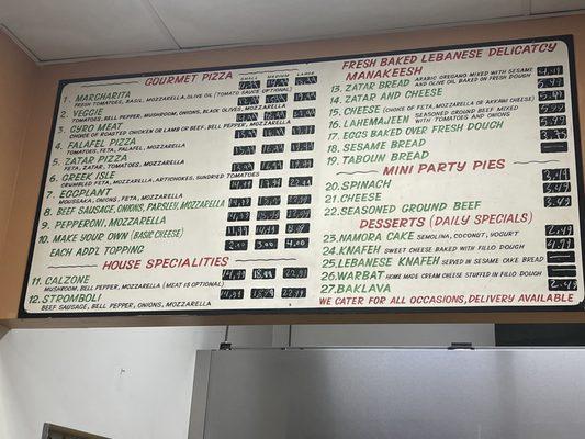 Pizza menu and meat pies