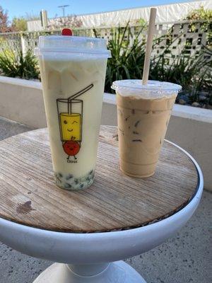 On the left- mint tea with soy milk and matcha boba On the right - a coffee latte