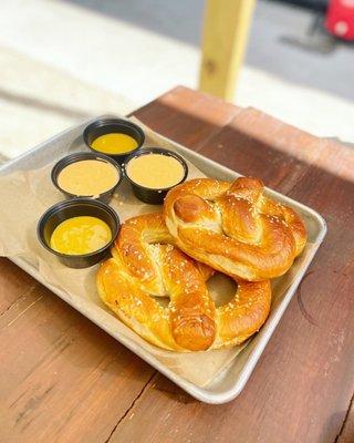 Pretzels and beer cheese, and spicy mustard (beware of the spice it's HOT!)