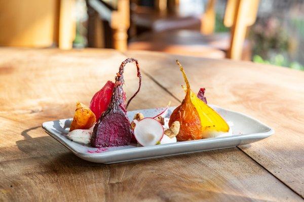 Roasted beets, goat cheese mousse, pistachios.