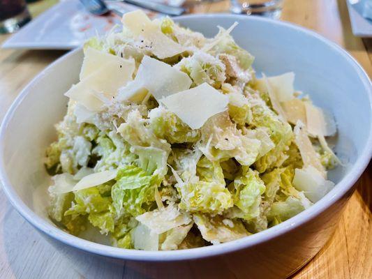 Traditional Caesar salad bowl with heaping mountains of freshly grated parmesan ( $12)