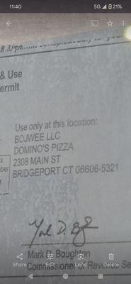 Proof of address and specific Domino's restaurant.