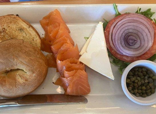 Smoked salmon plate. Copious amount of salmon and capers!