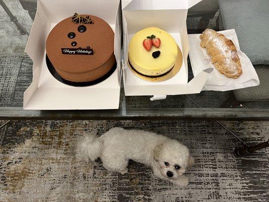 Chocolate mouse left, cheese cake and almond croissant.