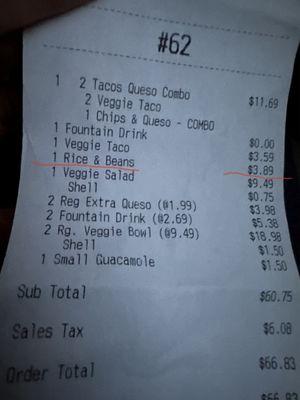 Charged Extra $3.89 for rice and beans that we can have inside the Veggie Taco Salad Bowl Free of charge.