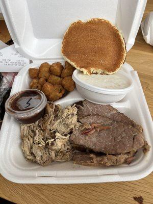 Brisket, pulled pork , fried okra , coleslaw."fried cornbread "