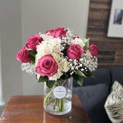 hydrangeas and pink roses