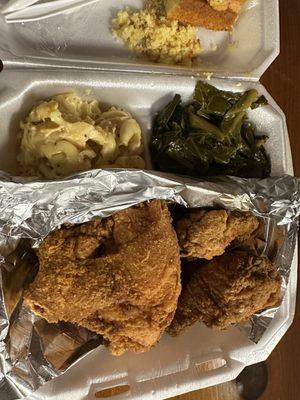 3 piece fried chicken, collard greens, Mac n cheese and cornbread.